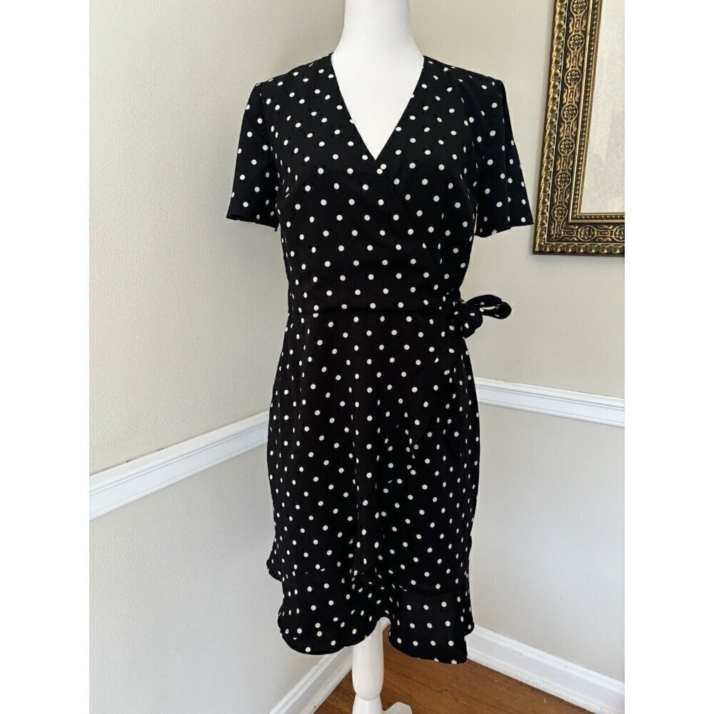 Banana Republic Womens Size 4 True Wrap Dress Black White Polka Dot Short Sleeve